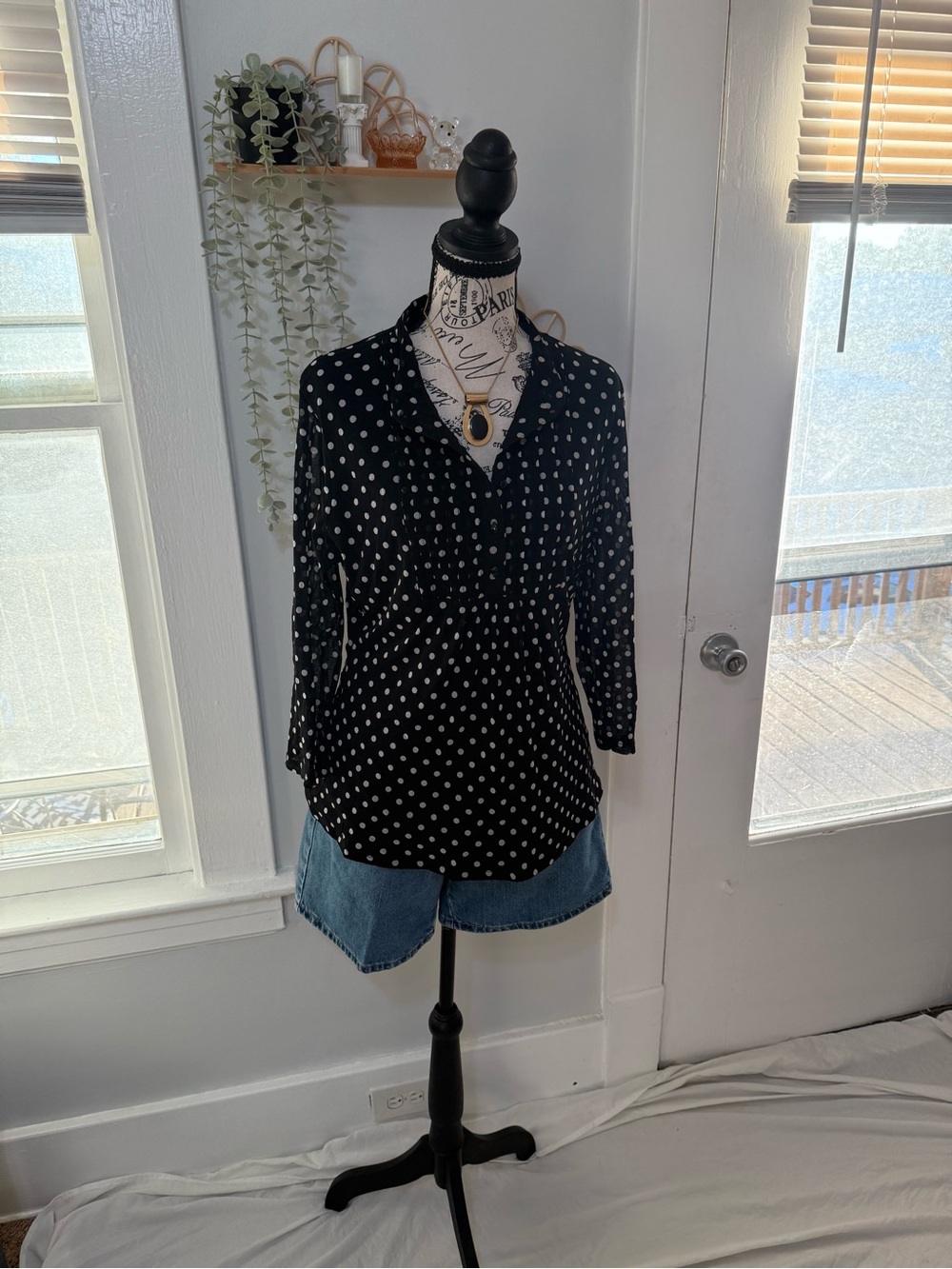 INC International Concepts Black Polka Dot V-Neck Blouse